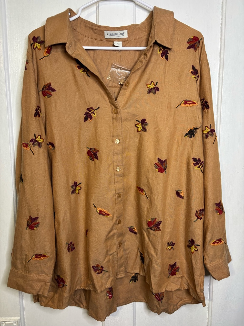 NWOT Coldwater Creek Fall Leaf Embroidery Long Sleeve Blouse Tan Cottagecore